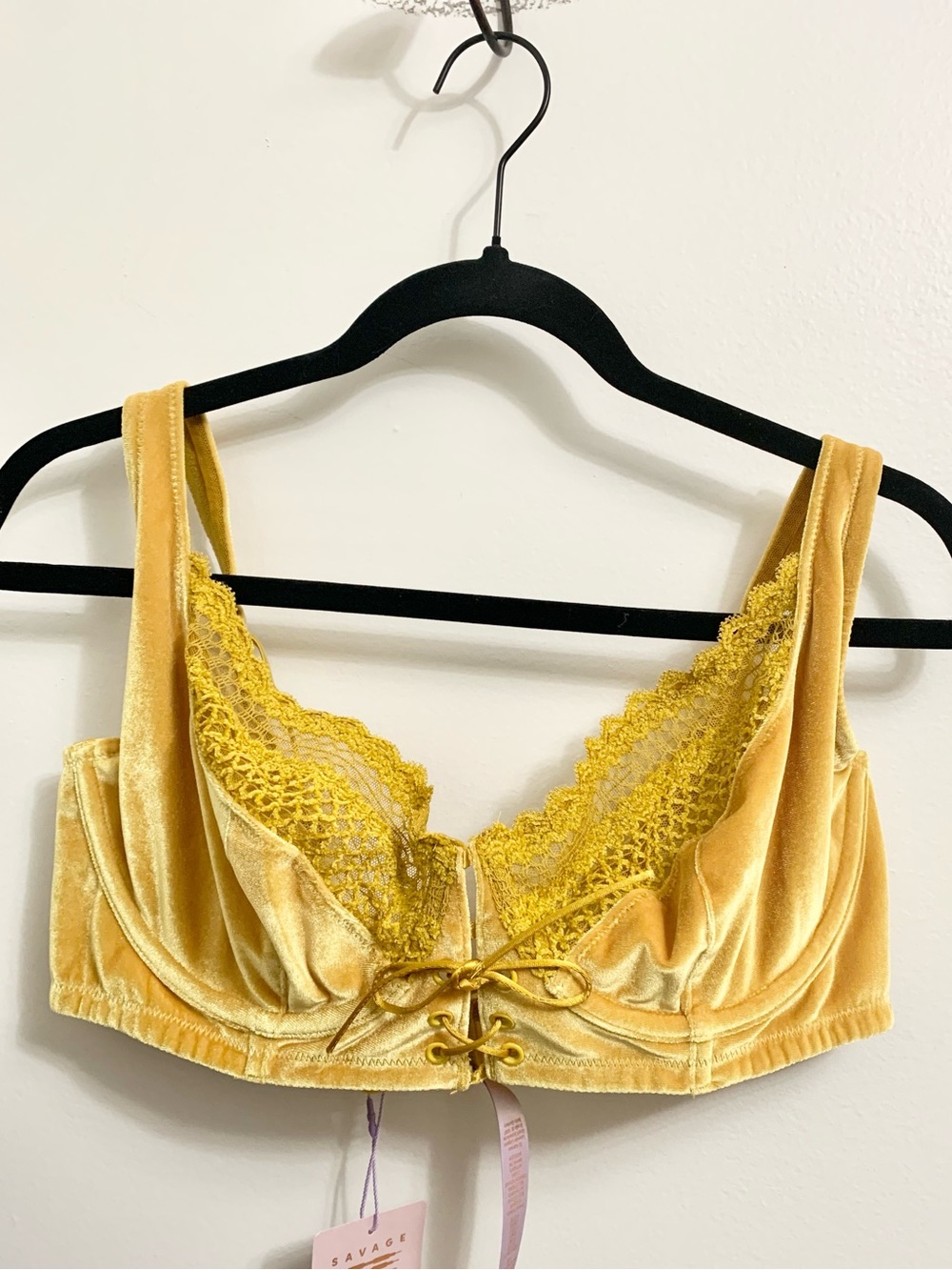 Savage X Fenty Honeycomb Yellow Velvet Vixen Lace-Up Bra 38DDD NEW Rihanna